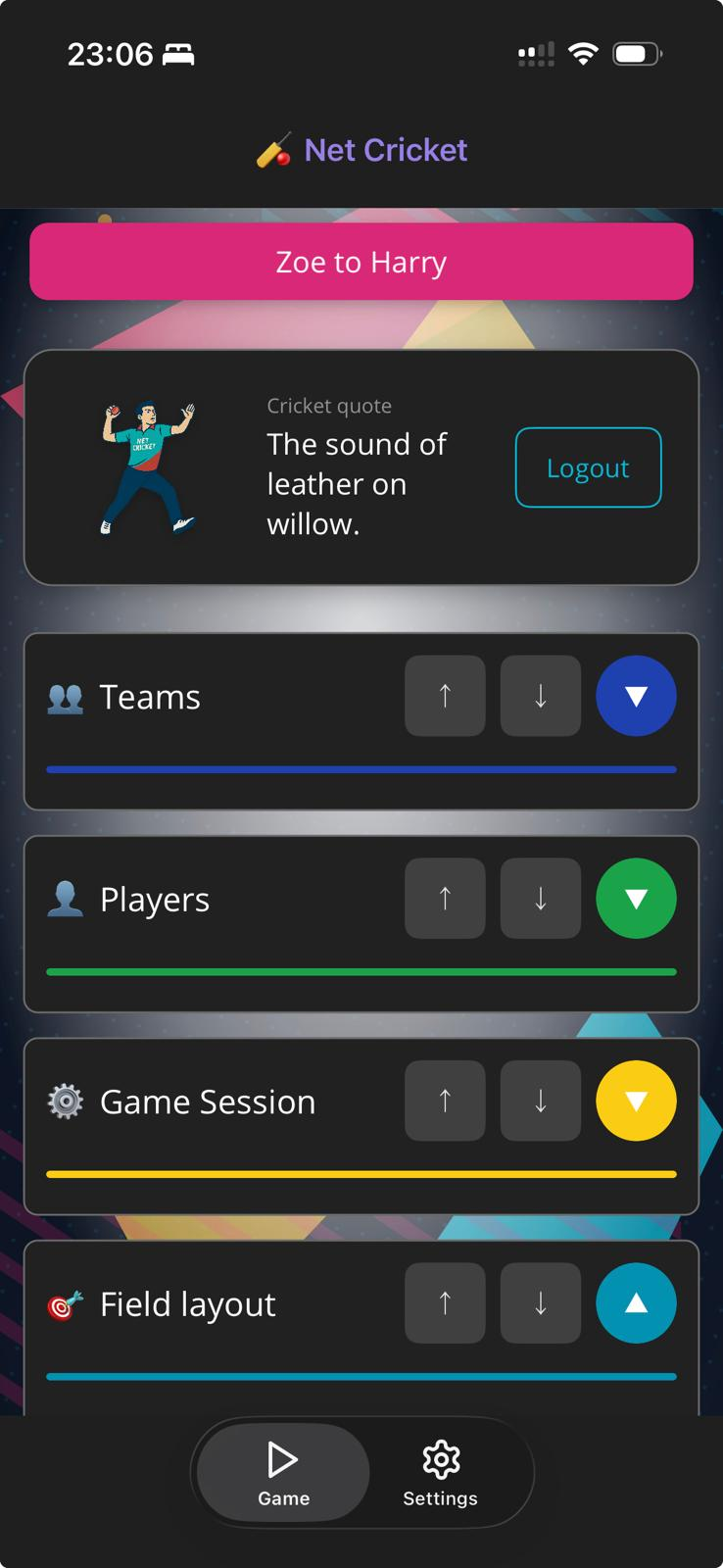 Net Cricket home: Teams, Players, Game Session, Field layout