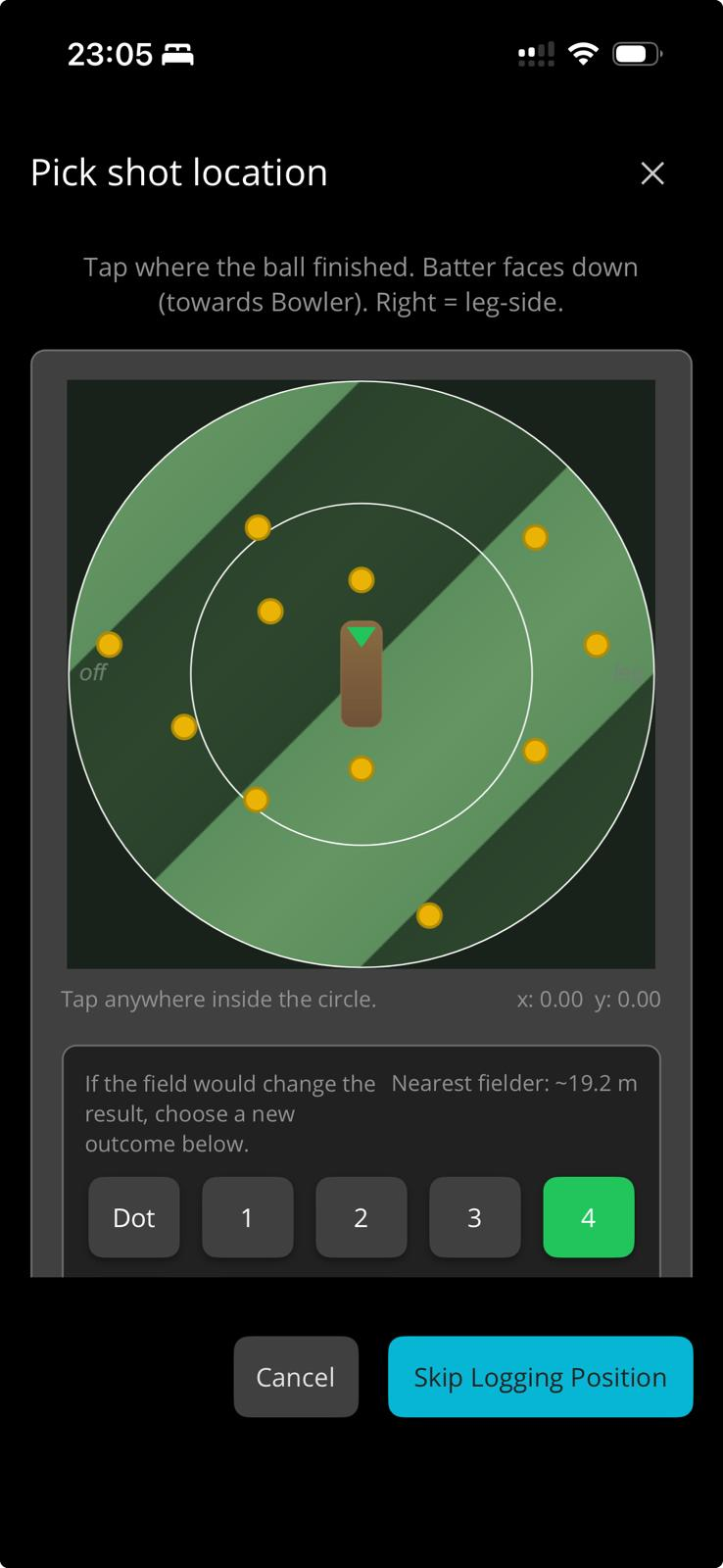 Shot picker: tap where the ball finished on the field