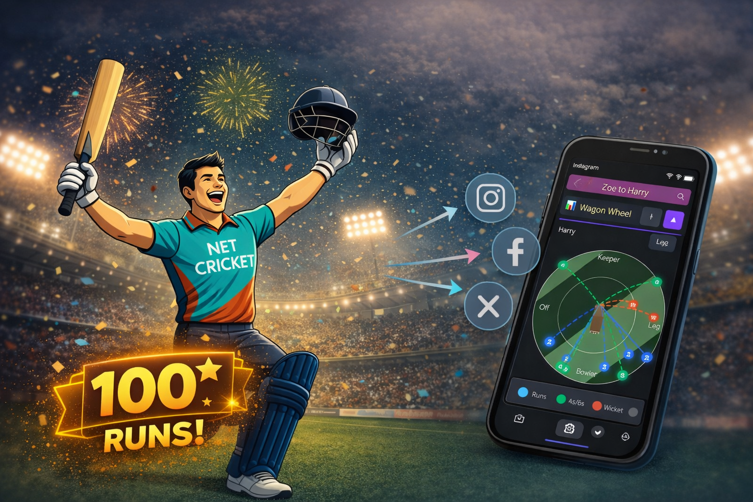 Batter celebrating 100 runs with phone showing wagon wheel and arrows to socials